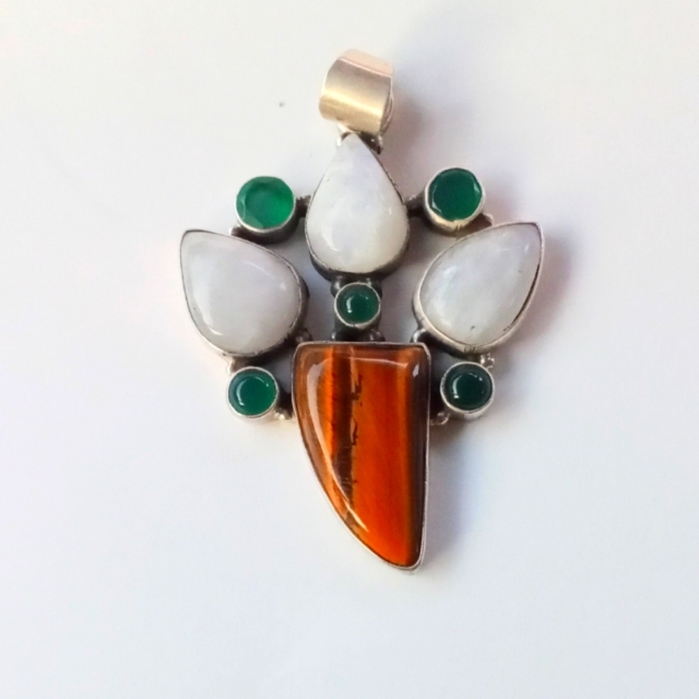 Sterling silver large gemstone pendant moonstone tiger eye